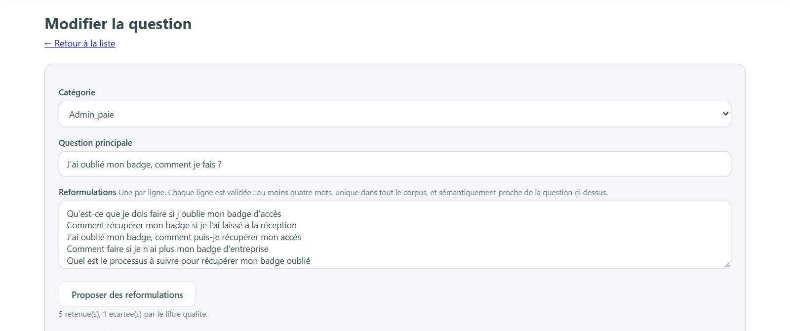 Admin form editing an FAQ entry, showing that five proposed phrasings were kept and one was rejected by the quality filter.